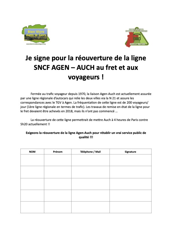 Signez la pétition pour la réouverture de la ligne ferroviaire Agen/Auch !