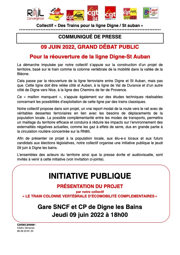 Le 9 juin 2022, grand débat public à Digne pour la réouverture de la ligne ferroviaire vers Saint-Auban