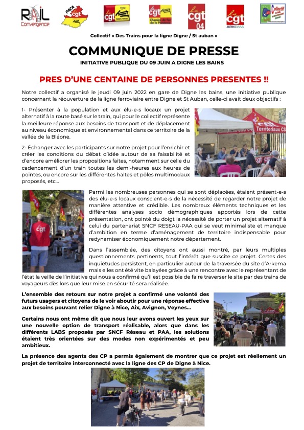 Retour sur le rassemblement du 9 juin 2022 à Digne-les-Bains pour la réouverture de la ligne ferroviaire vers Saint-Auban
