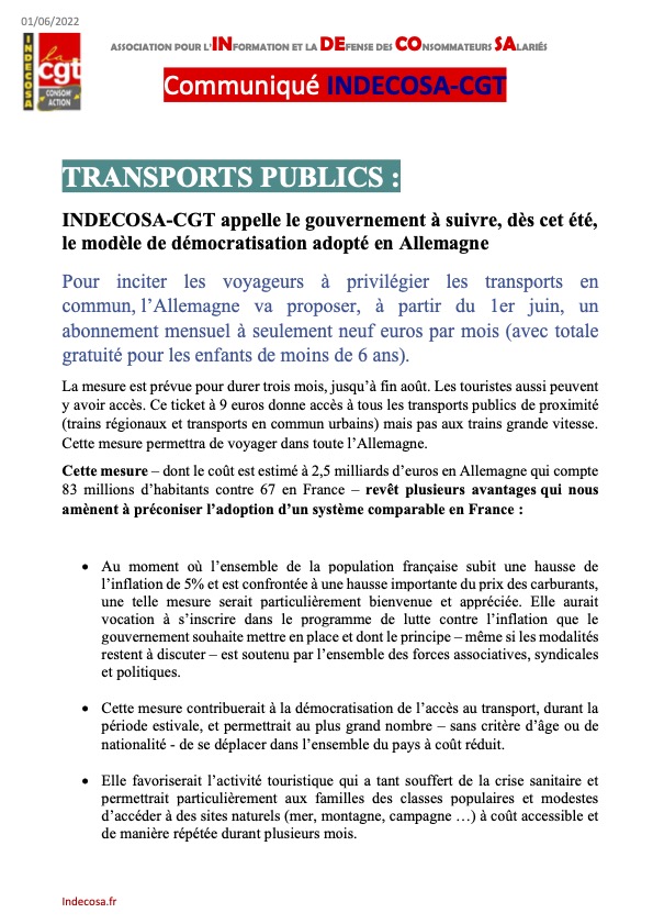 Transports collectifs de proximité très bon marché : un communiqué d'INDECOSA-CGT