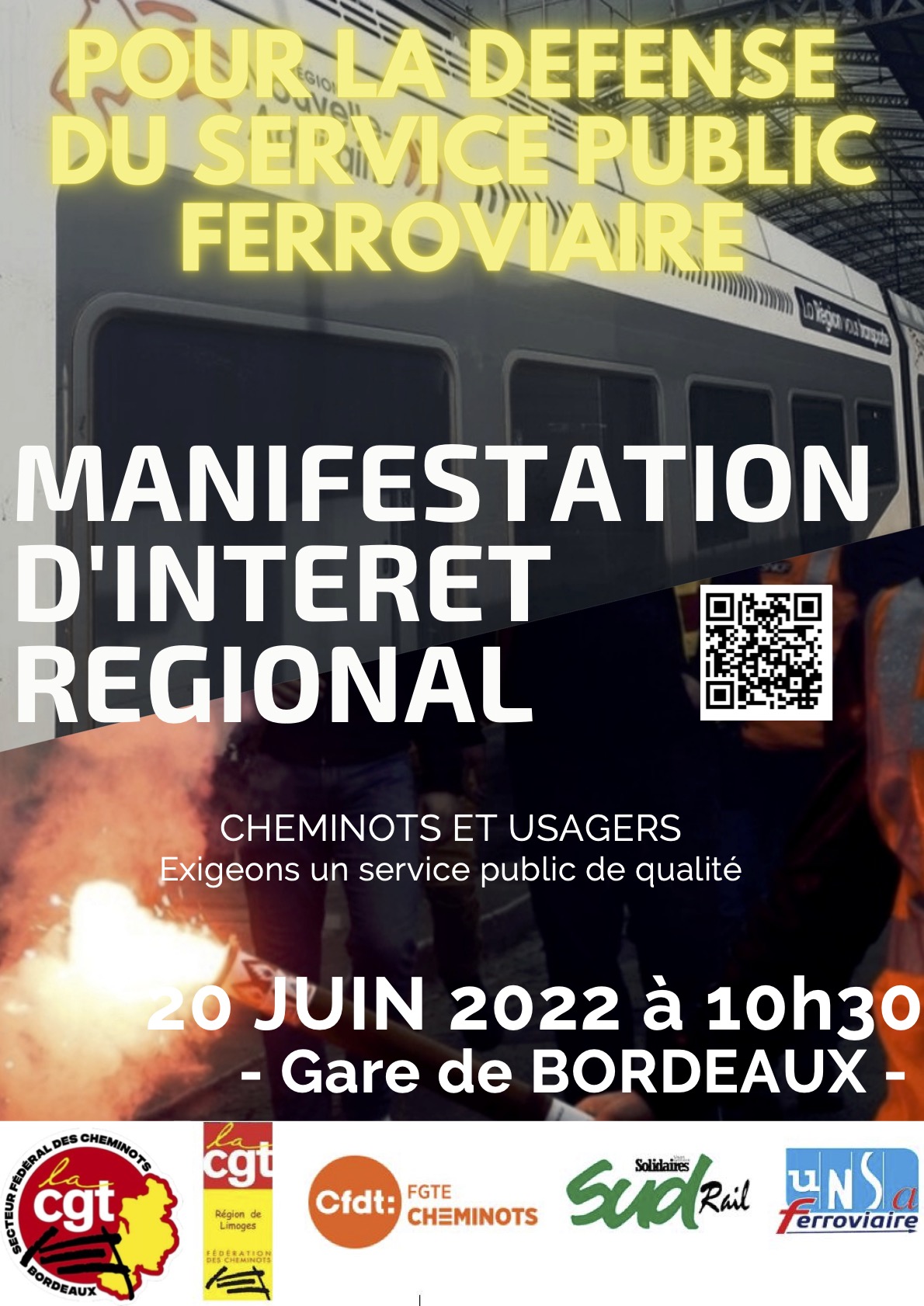 Le 20 juin 2022 à 10h30, manifestation régionale en gare de Bordeaux pour le service public ferroviaire