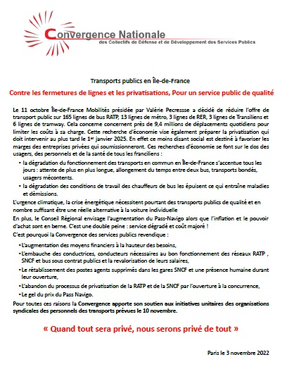 Dégradation des transports d'Ile-de-France : un communiqué de la Convergence des Services Publics