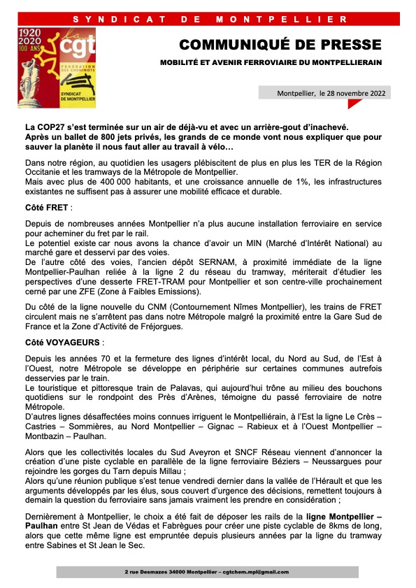 Avenir du réseau ferroviaire autour de Montpellier : un communiqué des cheminots CGT