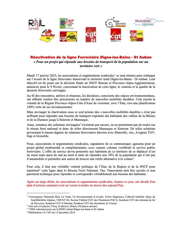 Communiqué pluraliste pour la réactivation de la ligne Digne/Saint-Auban