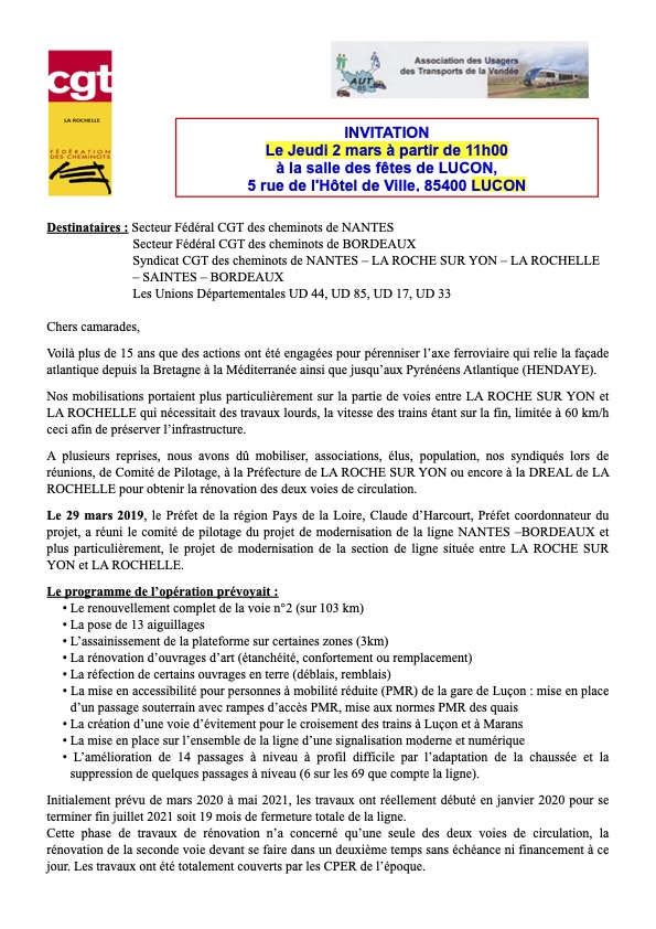 Le 2 mars 2023 à Luçon, réunion pour la ligne ferroviaire Bordeaux/Nantes