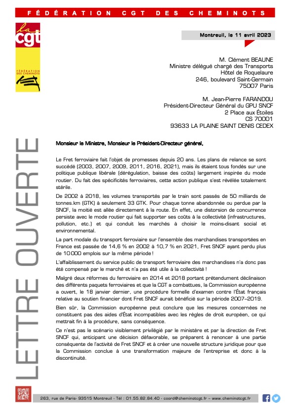 Fret : courrier des cheminots CGT au ministre des transports et au PDG de la SNCF