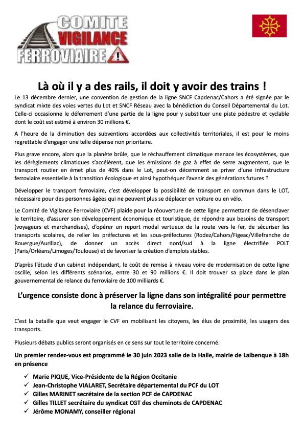 Réunion publique le 30 juin 2023 pour la ligne Cahors-Capdenac