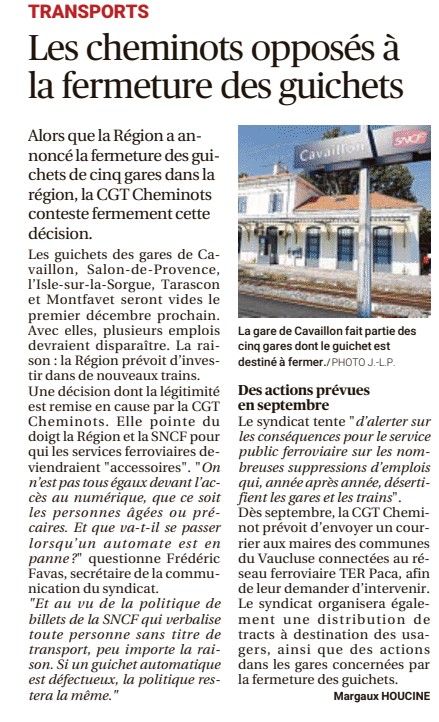 À lire dans La Provence : la mobilisation des cheminots contre la fermeture de guichets