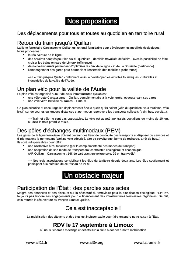 Ligne Carcassonne-Quillan : l'appel de l'ALF à la mobilisation le 17 septembre 2023