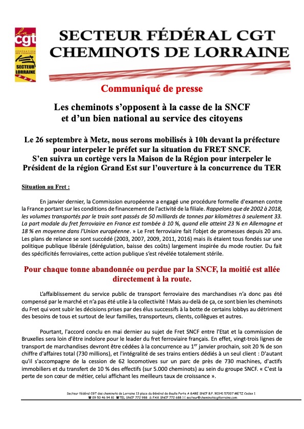 Communiqué des cheminots CGT de Lorraine pour la manifestation du 26 septembre 2023 en faveur du service public ferroviaire