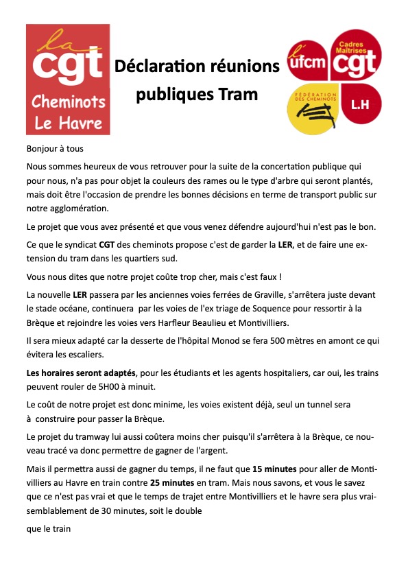 Développement des transports publics autour du Havre : déclaration des cheminots CGT