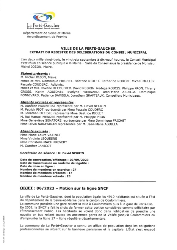 Motions du conseil municipal de La Ferté-Gaucher du 26 septembre 2023 en faveur de la réouverture de la ligne ferroviaire vers Coulommiers