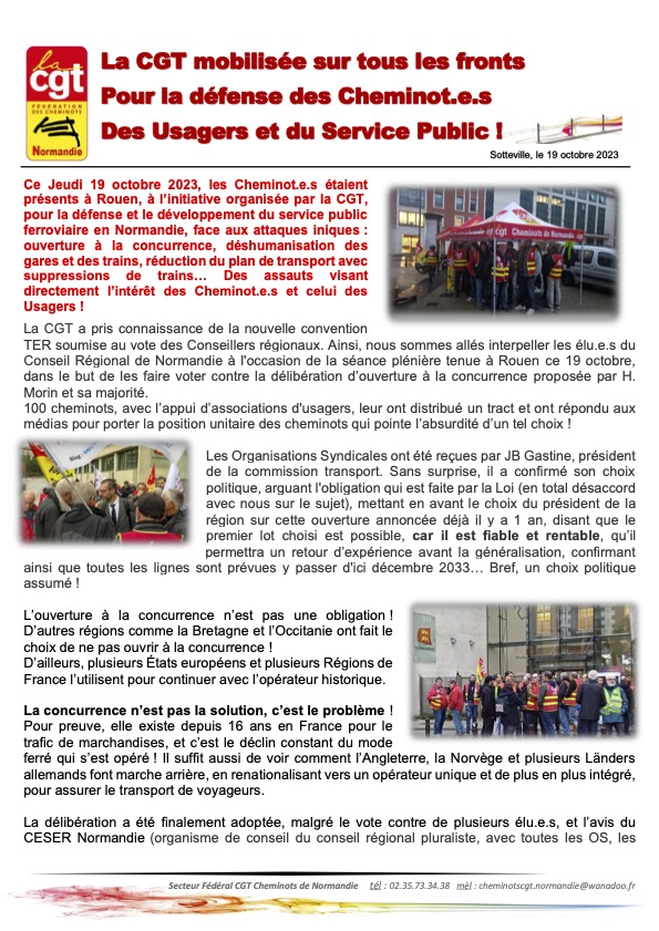 Retour sur le rassemblement du 19 octobre 2023 à Rouen initié par les cheminots CGT contre l'ouverture à la concurrence