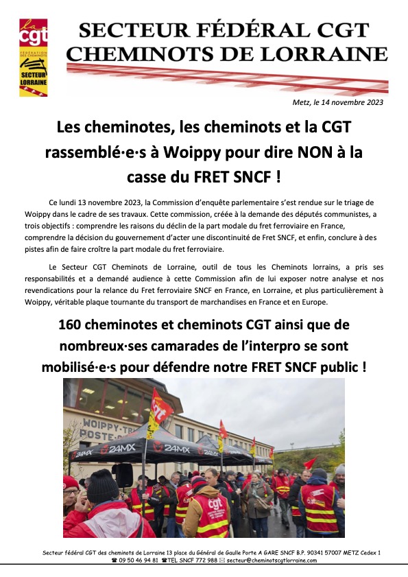 Rassemblement du 13 novembre 2023 à Woippy contre la casse de Fret SNCF : le compte rendu des cheminots CGT