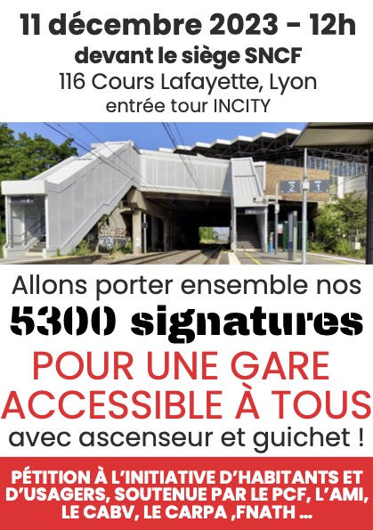 Le 11 décembre 2023, rassemblement devant la direction SNCF lyonnaise pour une gare de Vénissieux accessible à tous