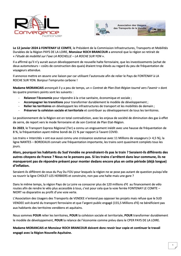 Propositions de l'AUT 85 pour améliorer le transport ferroviaire au Sud-Vendée