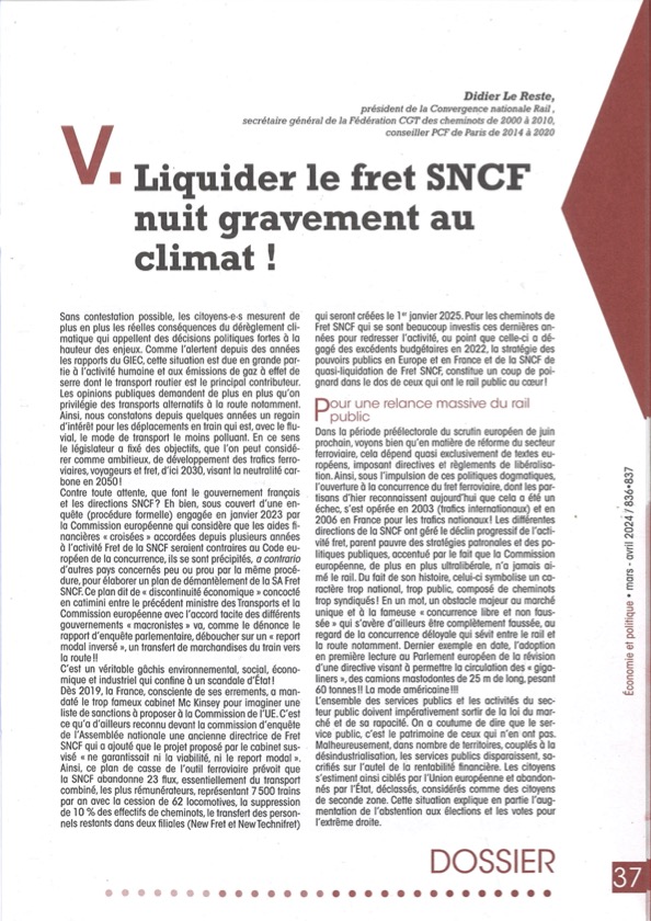 Tribune du Président de la Convergence Nationale Rail dans la revue Économie et Politique