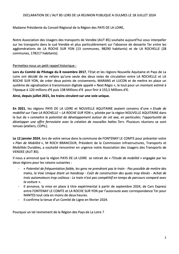 Intervention de l'AUT 85 du 18 juillet 2024 auprès de la région des Pays de la Loire