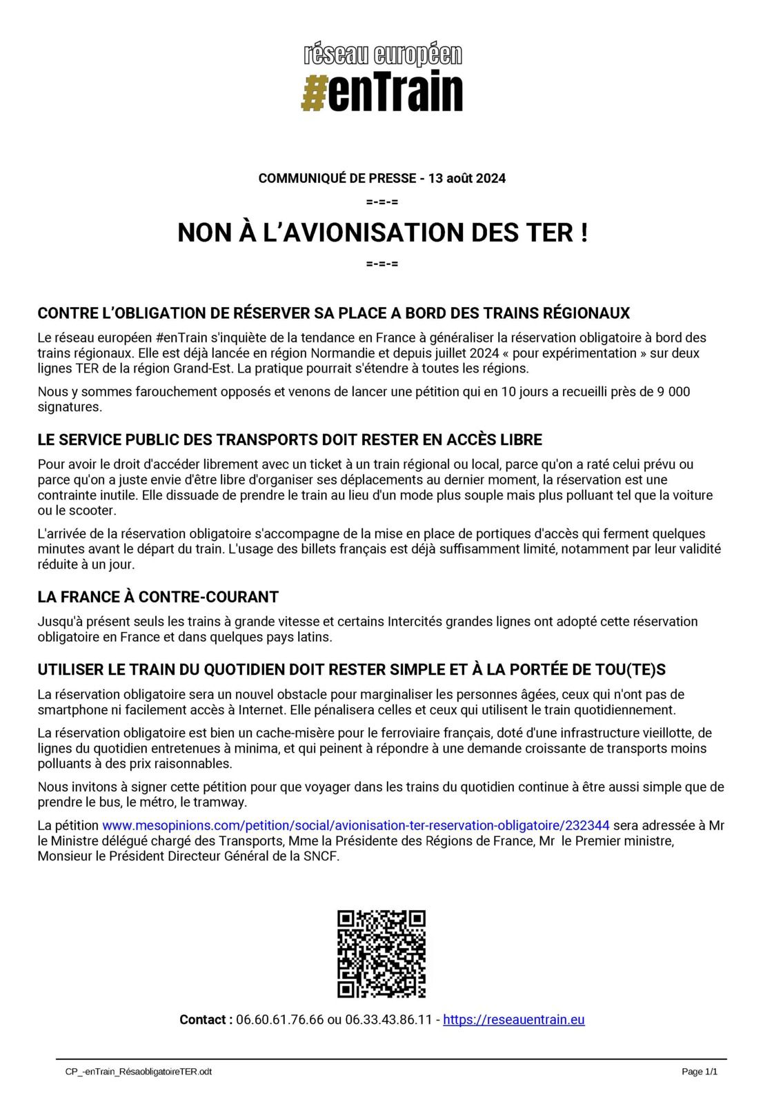 Réservation obligatoire dans les TER : communiqué et pétition du réseau "En Train !"