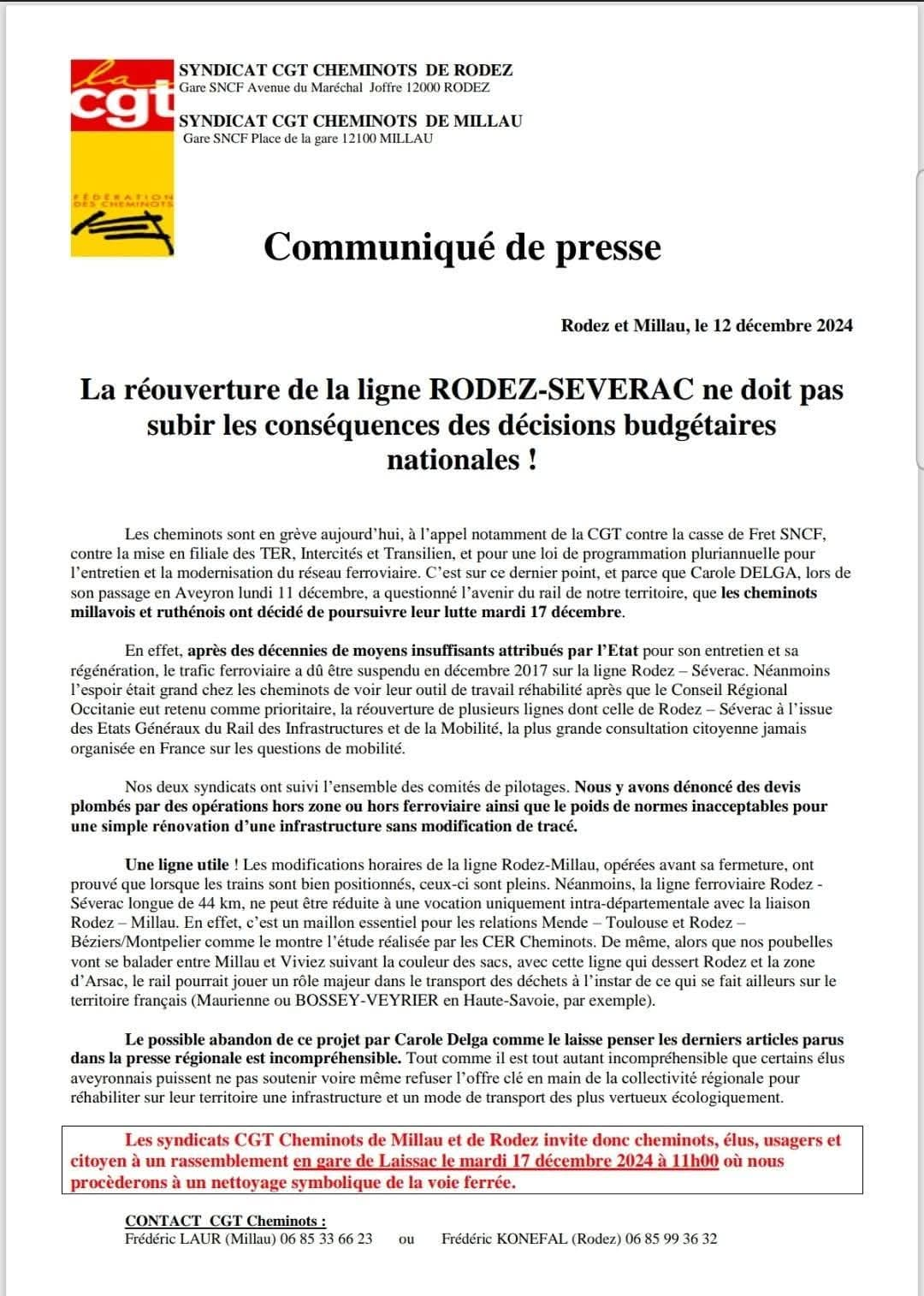 Les cheminots CGT appellent à un rassemblement en gare de Laissac le 17 décembre 2024 pour défendre la ligne Séverac/Rodez